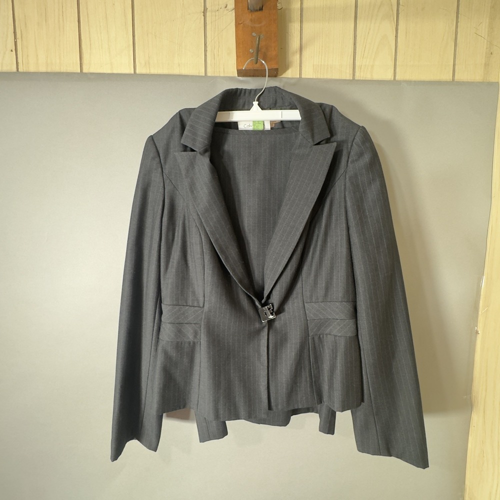 Calvin Klein Womens 12 Charcoal Pinstripe Skirt Suit Buckle Peplum Blazer 2pc